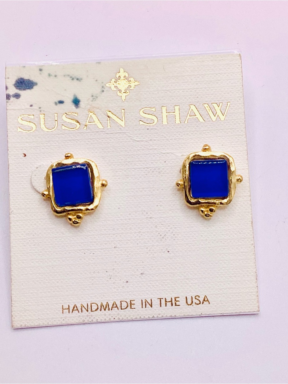 Susan Shaw Gold Royal Blue Square Stud Earrings